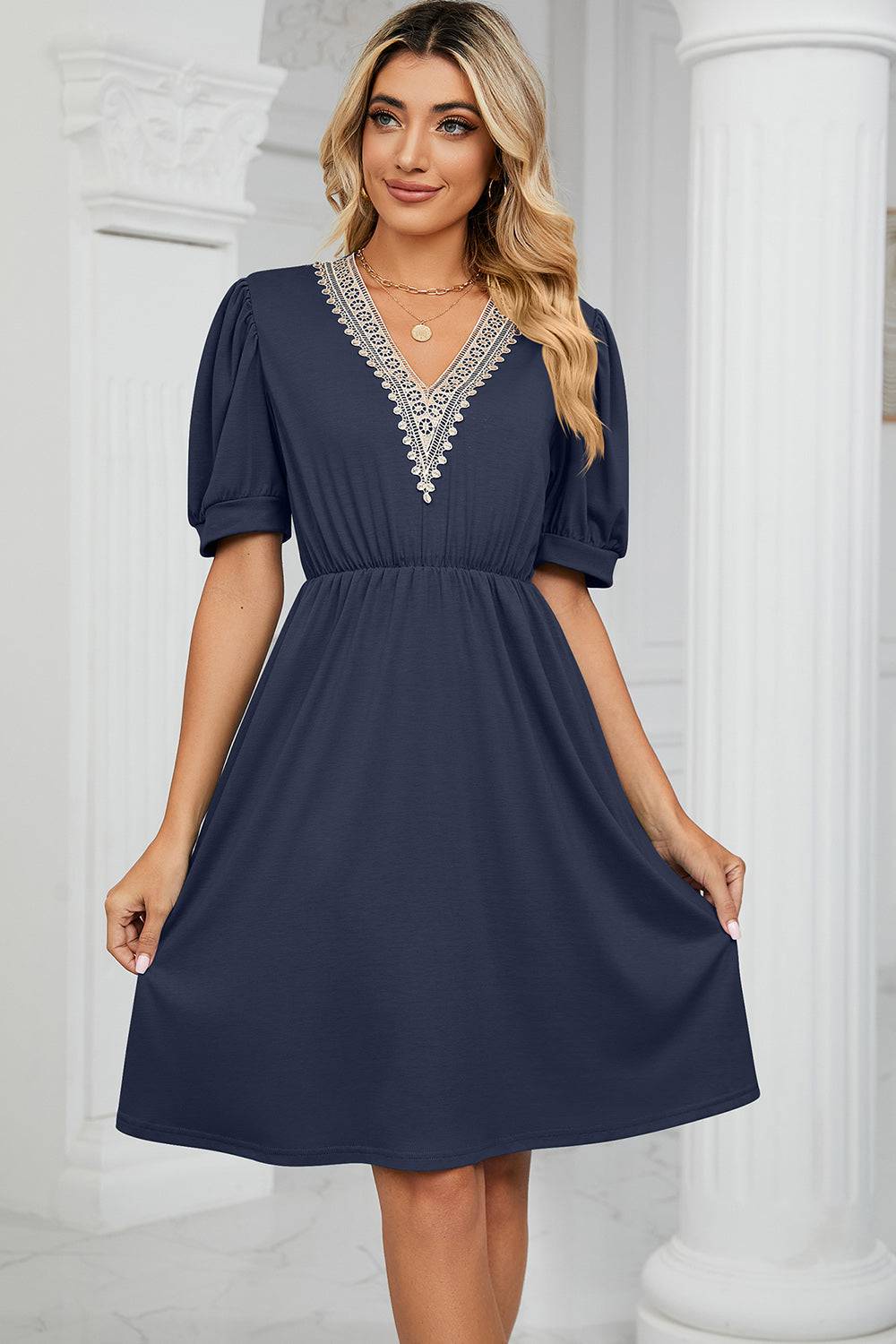 V-Neck Puff Sleeve Dress - Siennasass