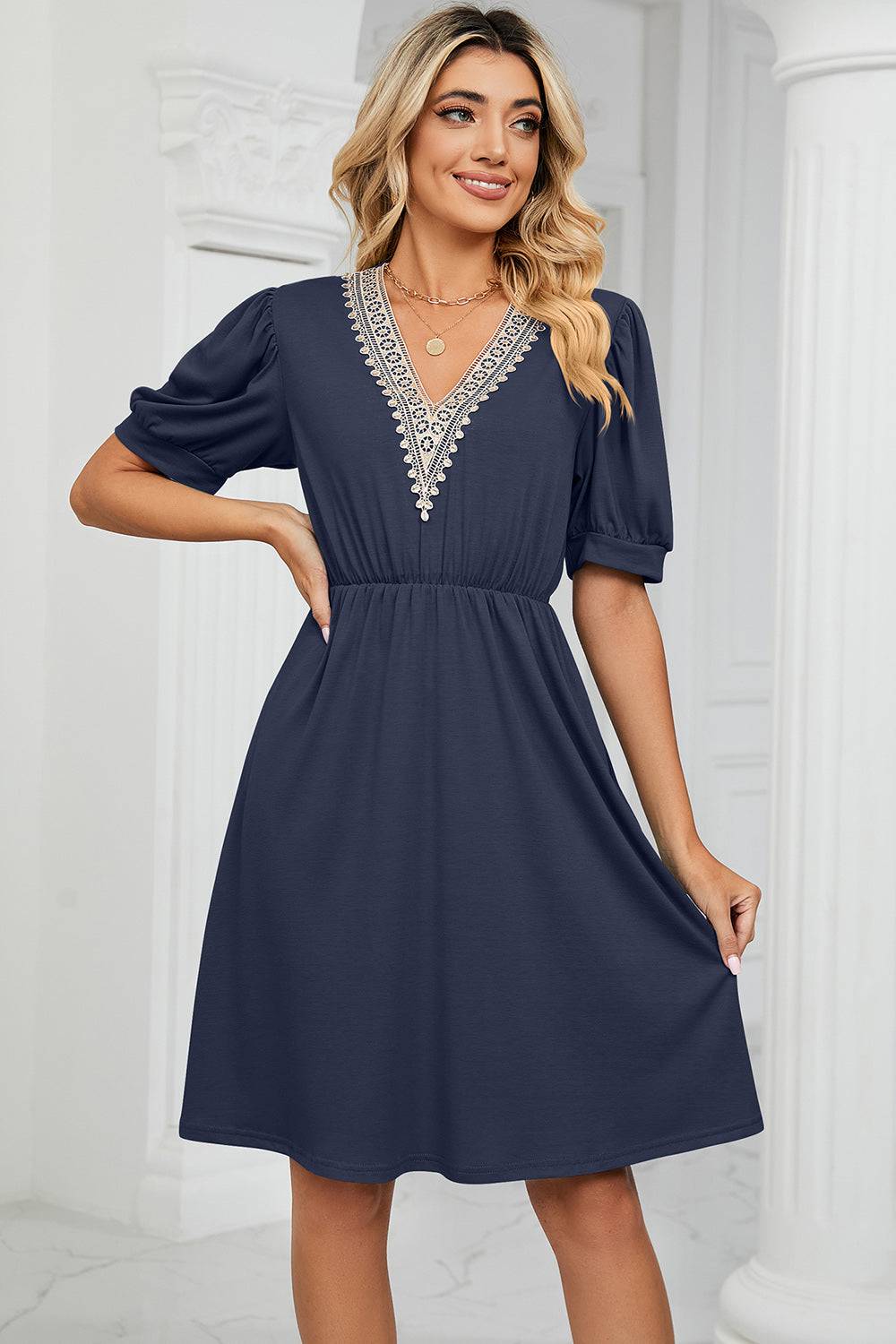 V-Neck Puff Sleeve Dress - Siennasass