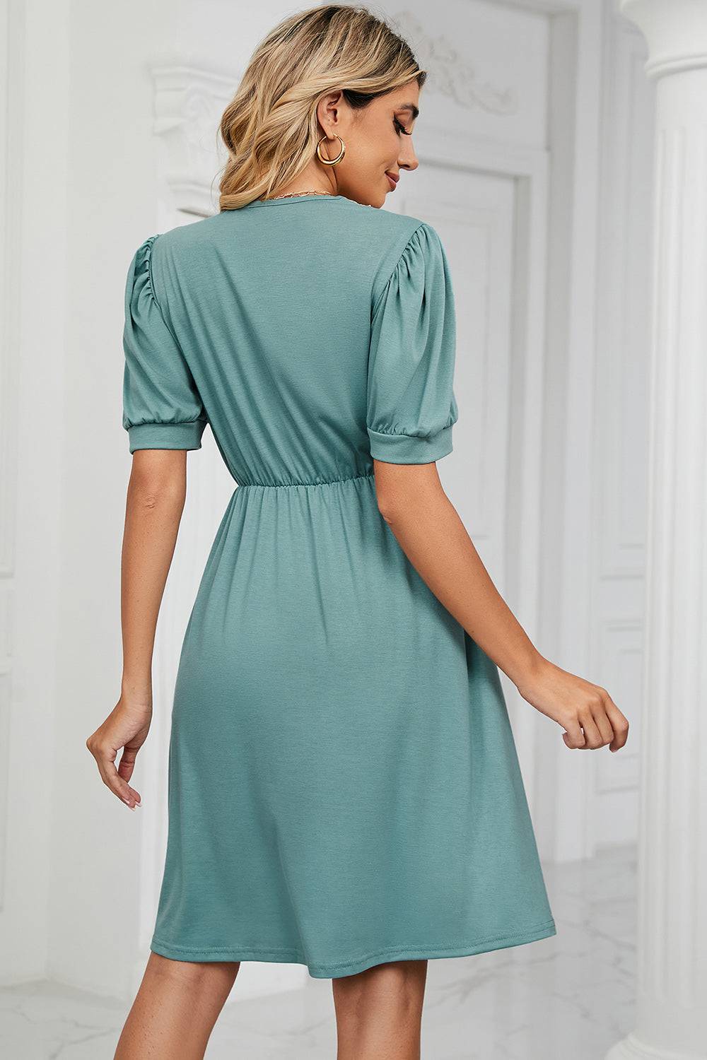 V-Neck Puff Sleeve Dress - Siennasass