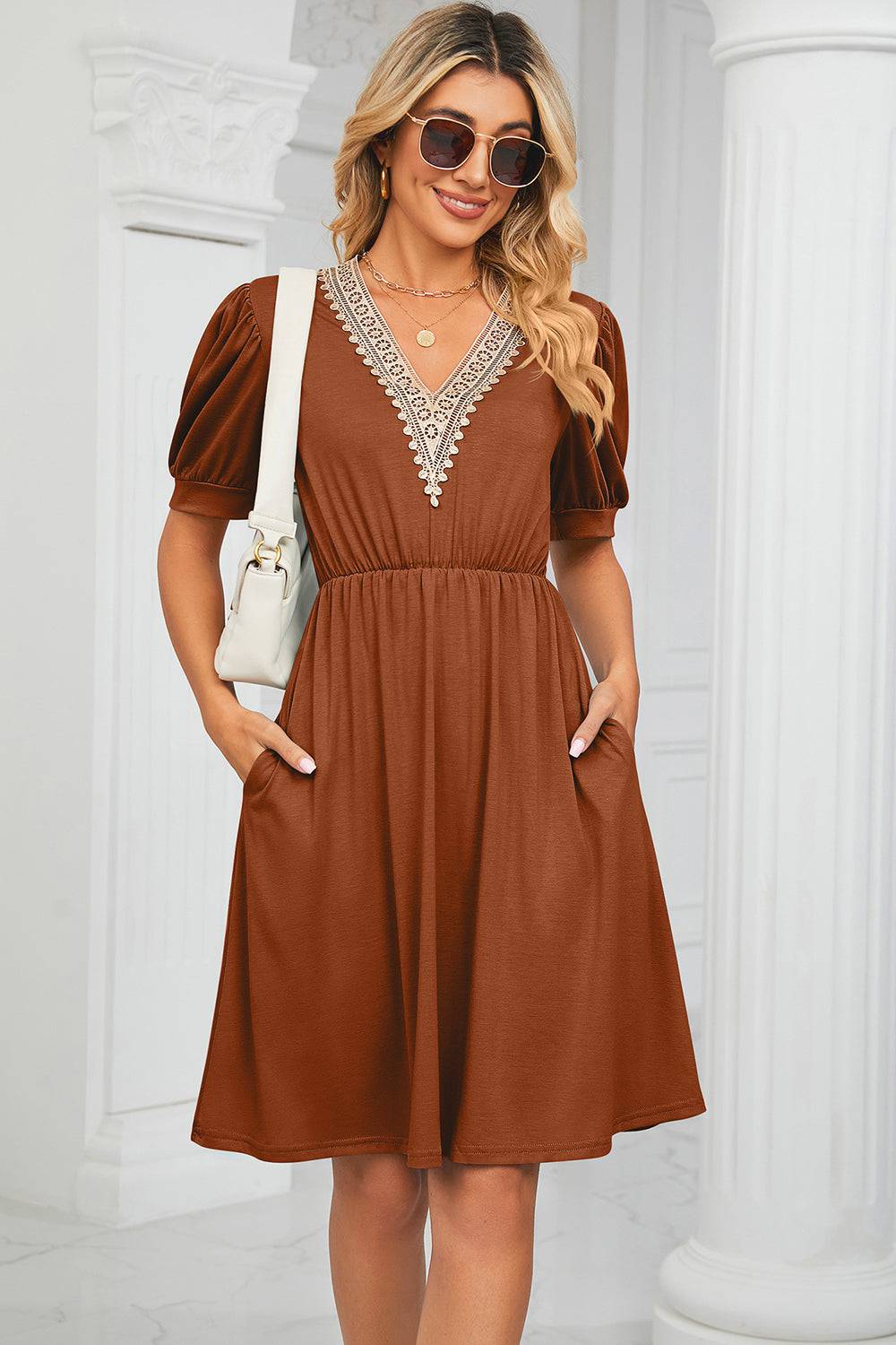 V-Neck Puff Sleeve Dress - Siennasass