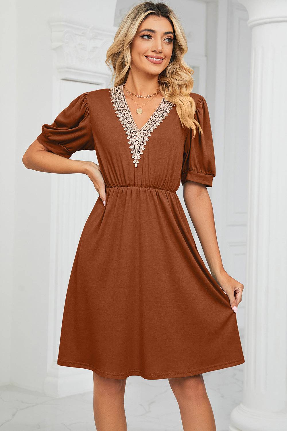 V-Neck Puff Sleeve Dress - Siennasass