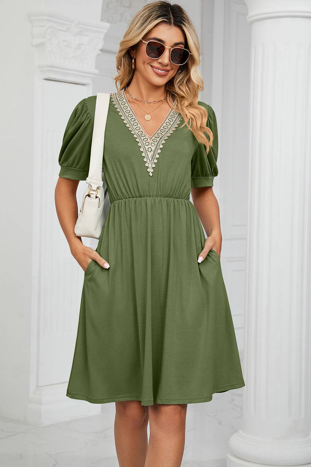 V-Neck Puff Sleeve Dress - Siennasass