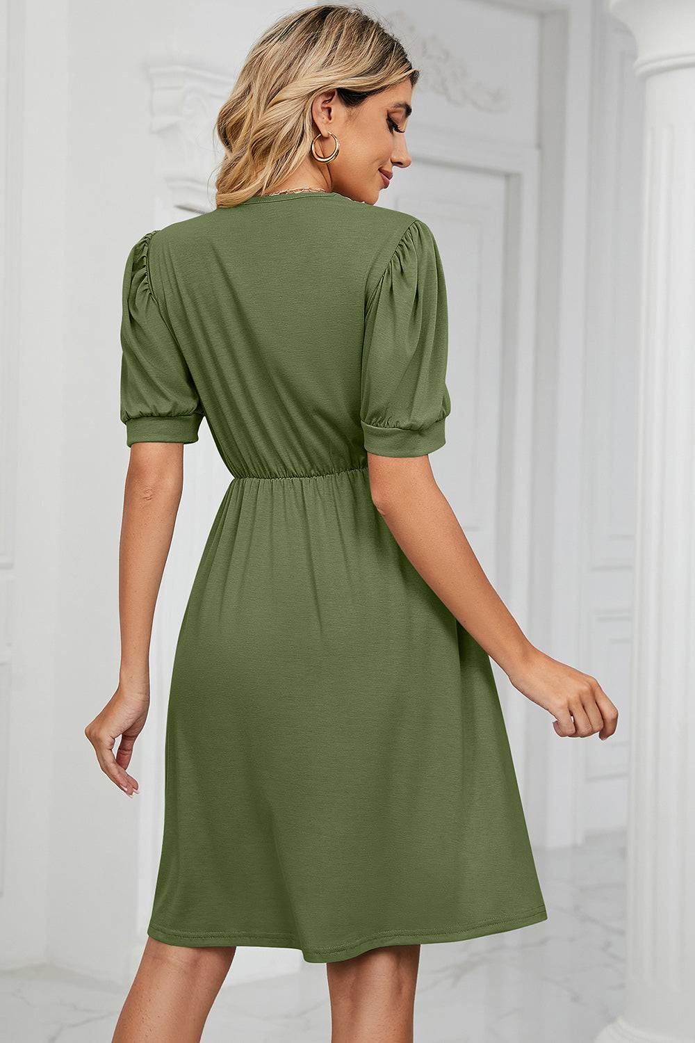 V-Neck Puff Sleeve Dress - Siennasass