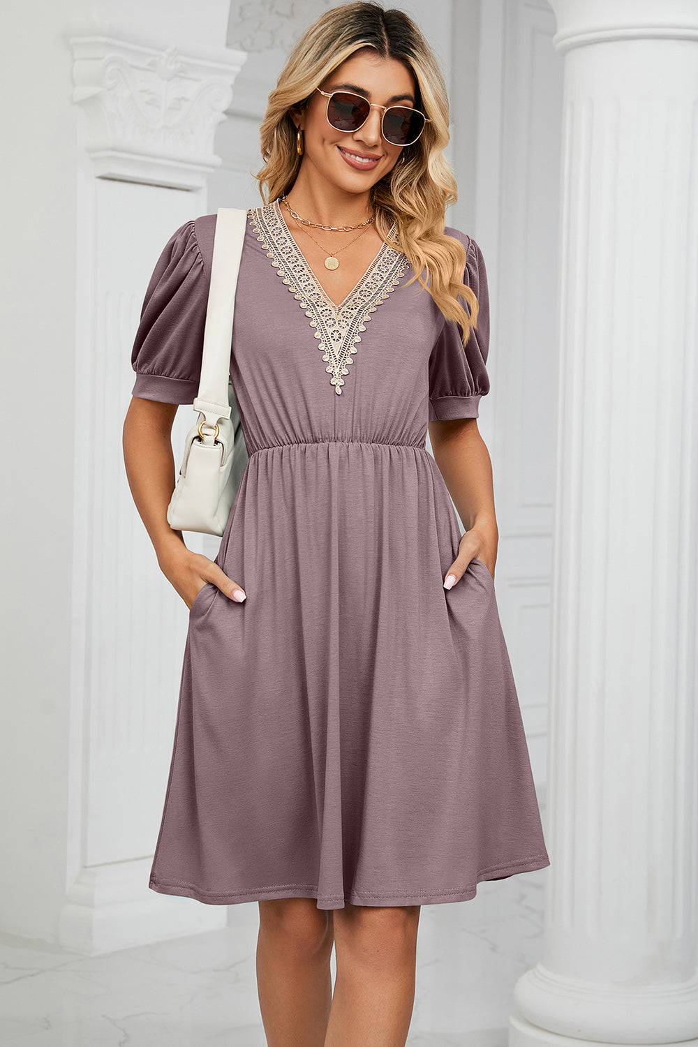V-Neck Puff Sleeve Dress - Siennasass
