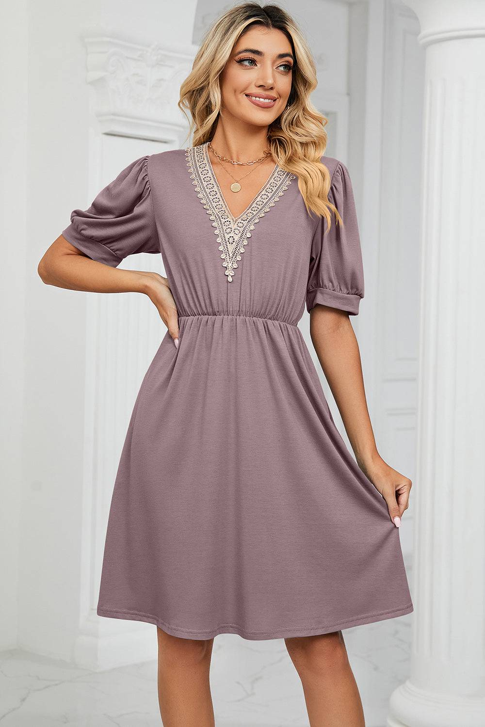 V-Neck Puff Sleeve Dress - Siennasass