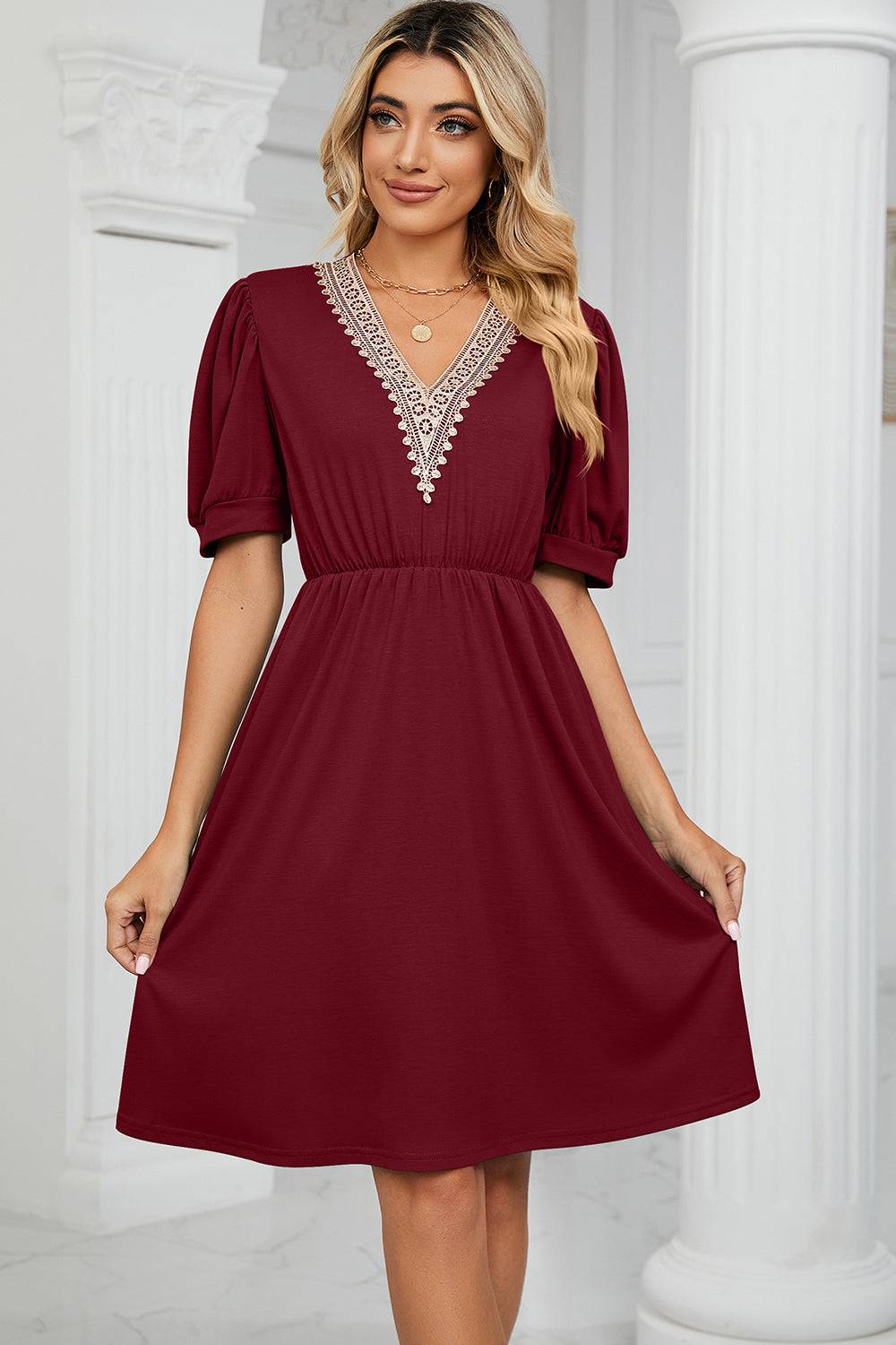 V-Neck Puff Sleeve Dress - Siennasass