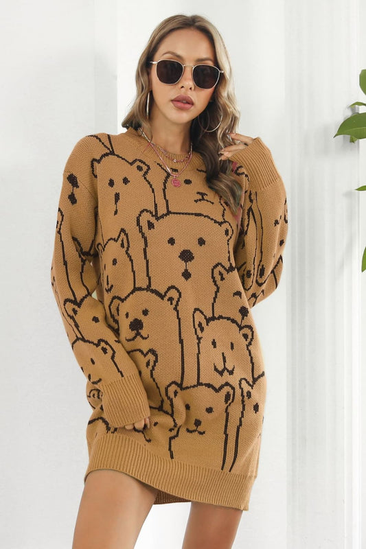 Pulloverkleid mit Rundhalsausschnitt und Bärenmuster