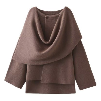 Full back view showing the elegant flow and drape of the knitted poncho shawl coat.