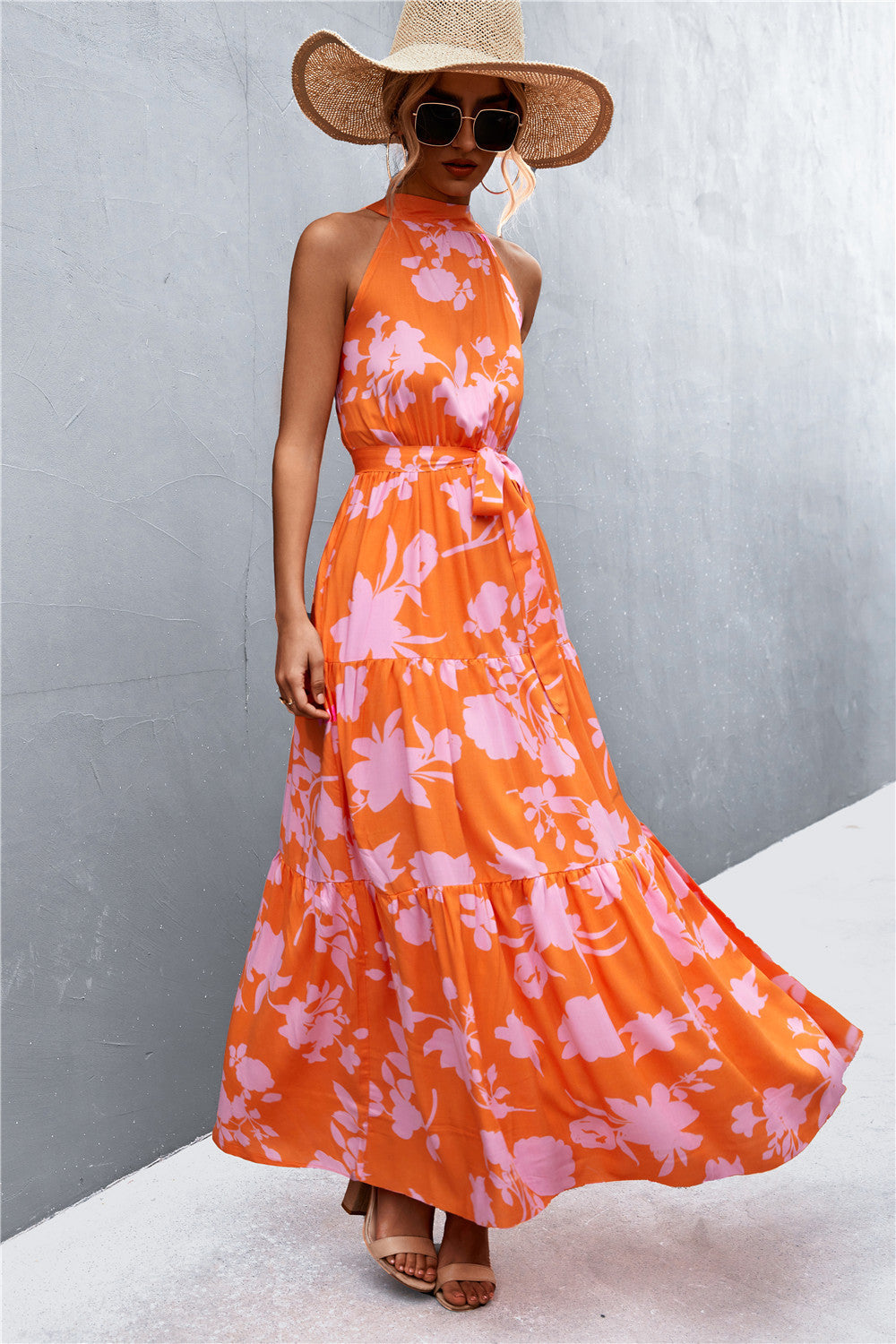 Printed Sleeveless Tie Waist Maxi Dress - Siennasass