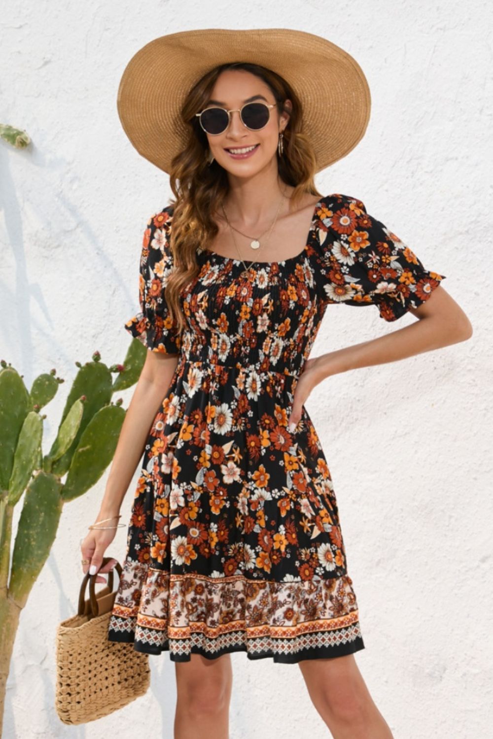 Printed Square Neck Short Sleeve Dress - Siennasass