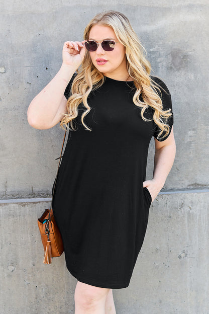 Basic Bae Full Size Round Neck Short Sleeve Dress with Pockets - Siennasass
