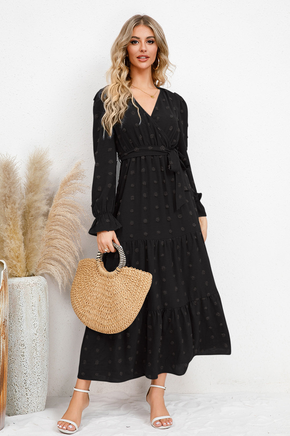 Swiss Dot Tied Surplice Flounce Sleeve Dress - Siennasass