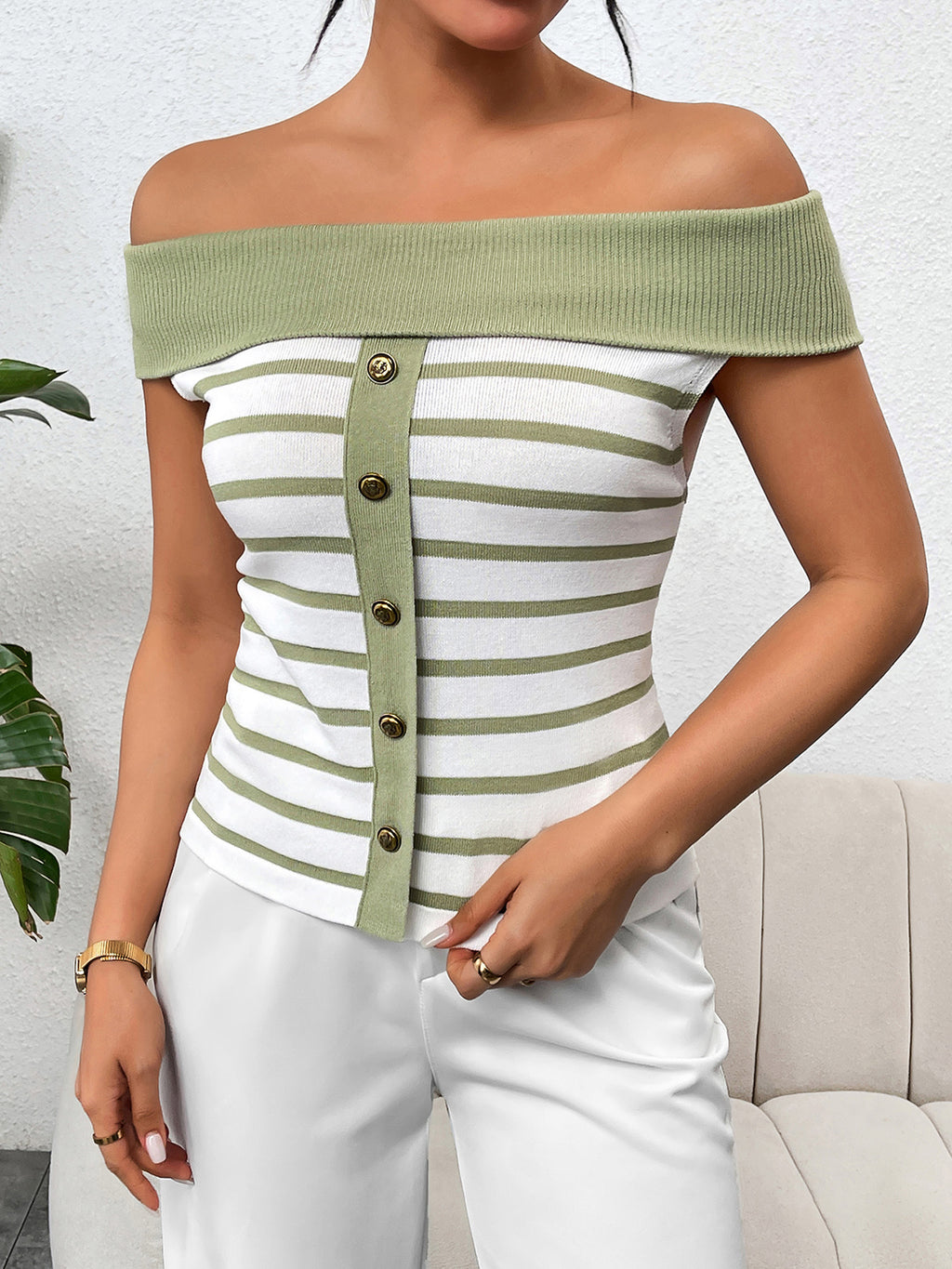 Decorative Button Striped Off-Shoulder Knit Top - Siennasass