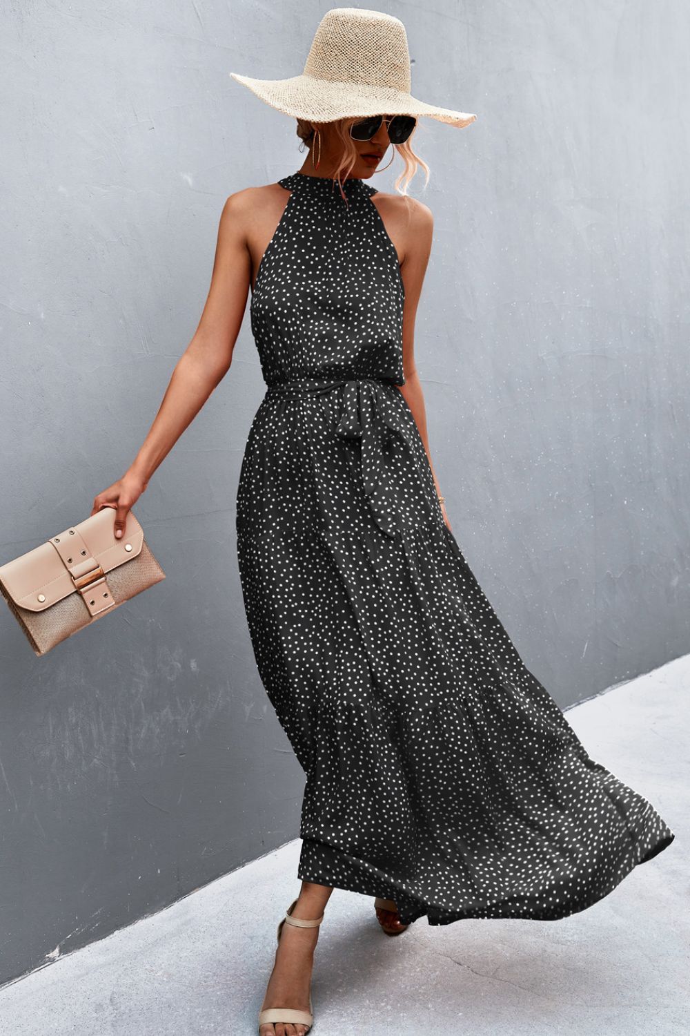 Printed Sleeveless Tie Waist Maxi Dress - Siennasass