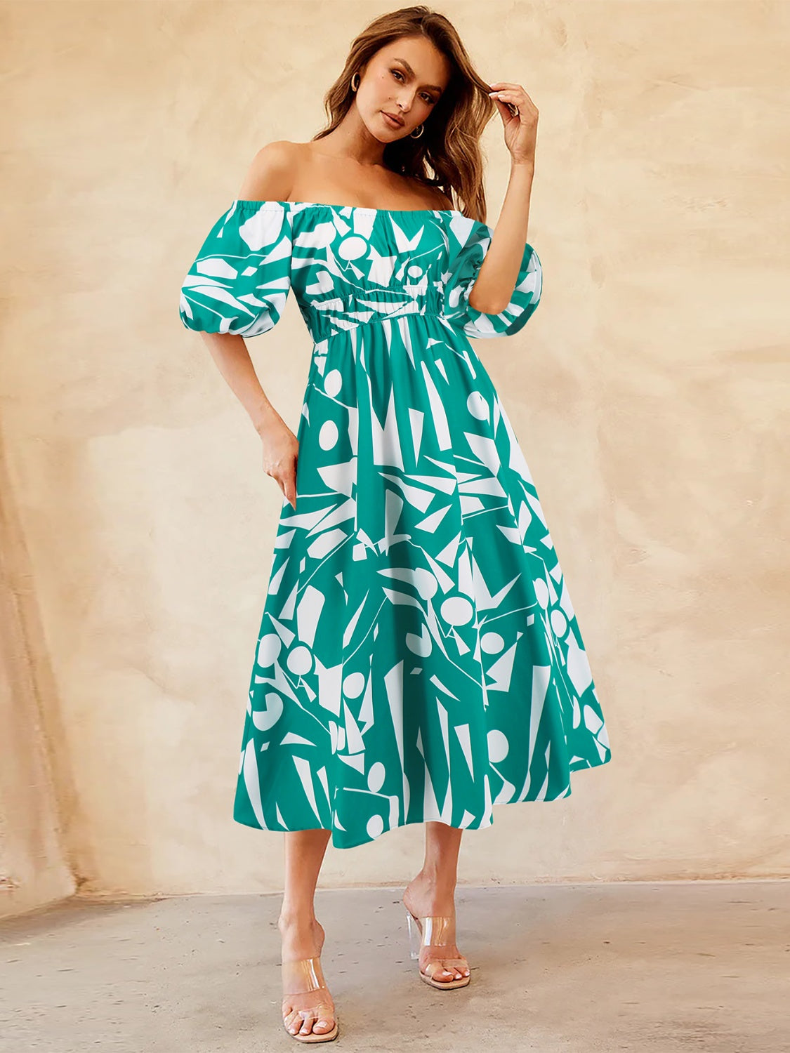 Printed Off-Shoulder Balloon Sleeve Dress - Siennasass