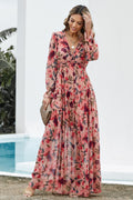 Floral Frill Trim Flounce Sleeve Plunge Maxi Dress - Siennasass