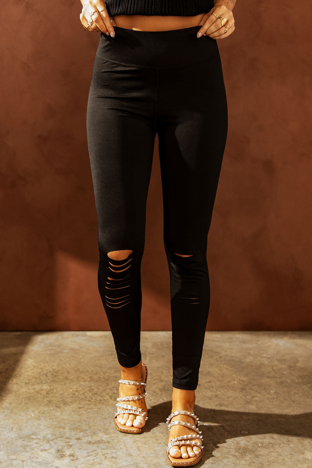 Double Take Wide Waistband Distressed Slim Fit Leggings - Siennasass