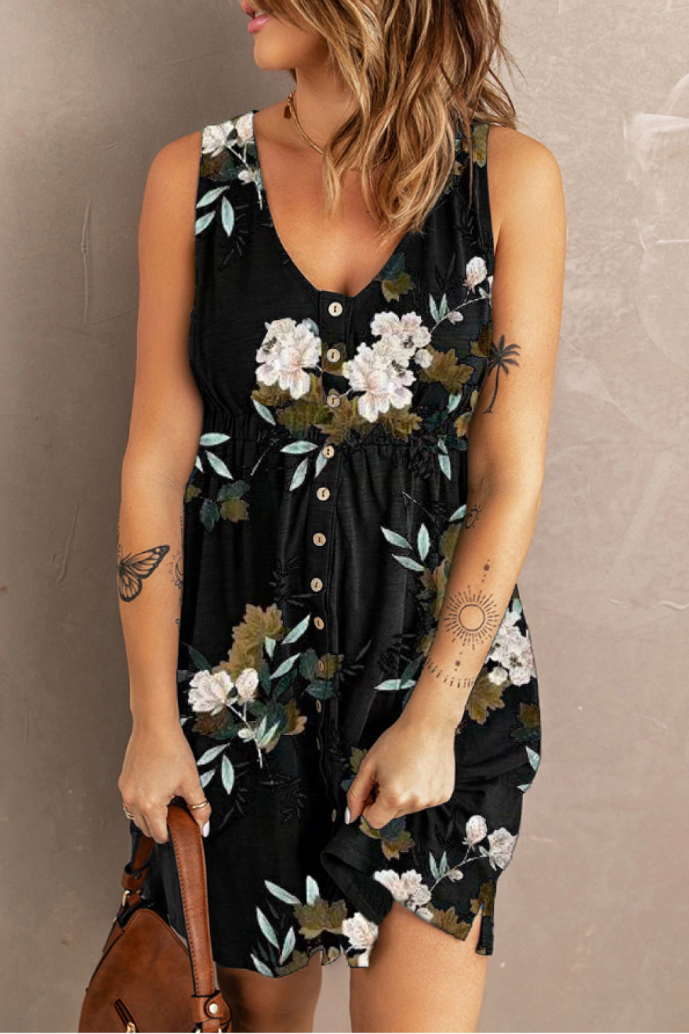 Double Take Printed Scoop Neck Sleeveless Buttoned Magic Dress with Pockets - Siennasass