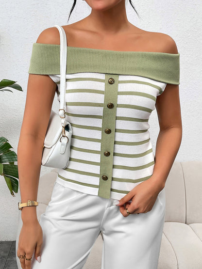 Decorative Button Striped Off-Shoulder Knit Top - Siennasass