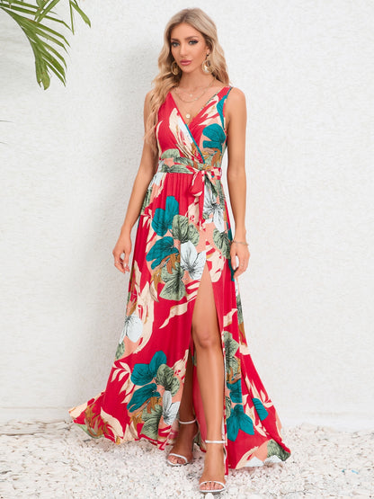 Slit Tied Printed Surplice Dress - Siennasass