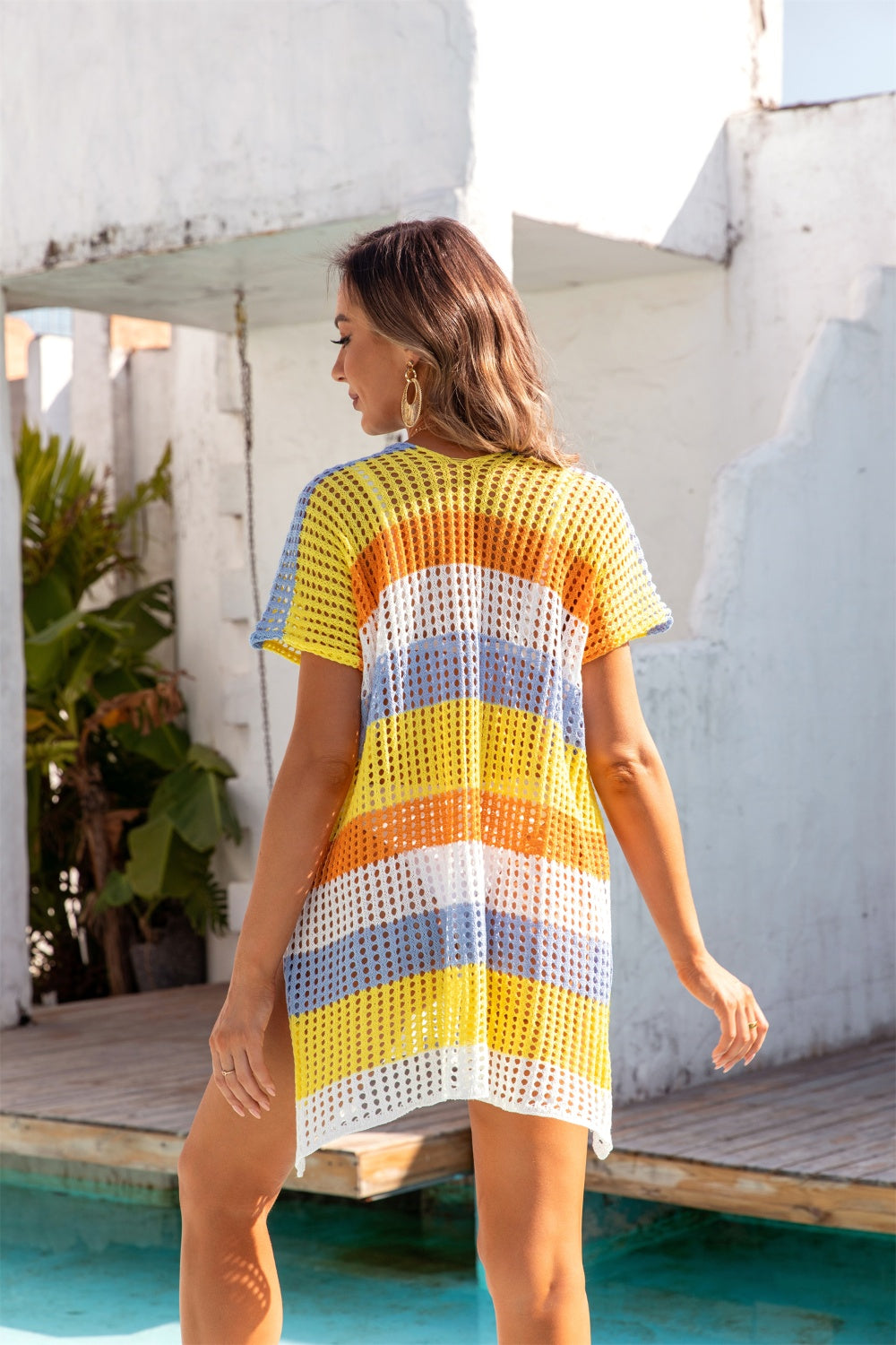 Openwork Striped V-Neck Short Sleeve Cover Up - Siennasass