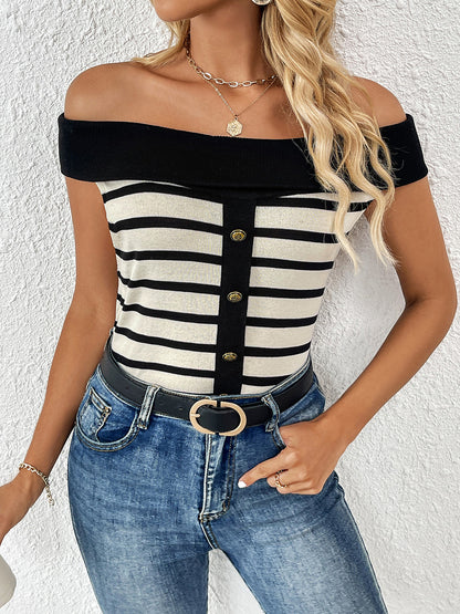Decorative Button Striped Off-Shoulder Knit Top - Siennasass