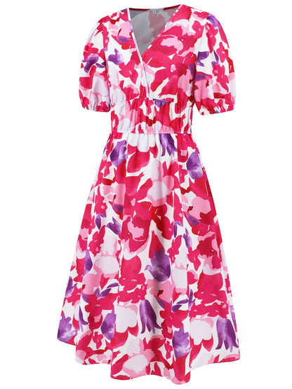 Ruched Printed Surplice Short Sleeve Dress - Siennasass