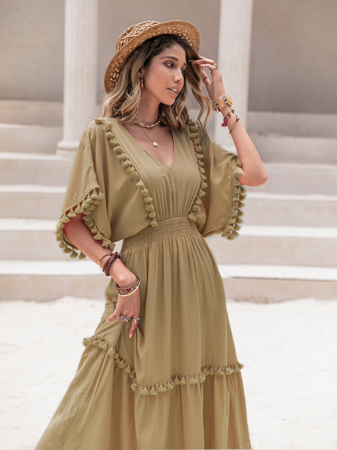 Tassel Trim Smocked V-Neck Short Sleeve Dress - Siennasass