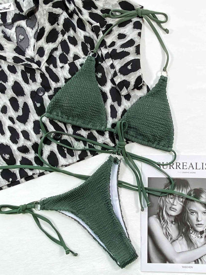 Textured Halter Neck Tie Side Bikini Set - Siennasass