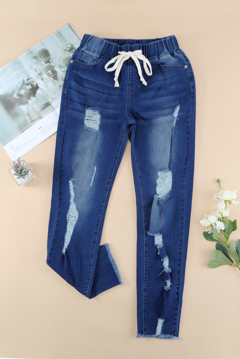 Drawstring Distressed Raw Hem Jeans with Pockets - Siennasass