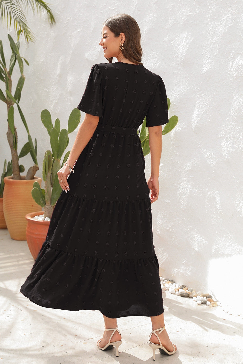 Swiss Dot Tied Surplice Short Sleeve Dress - Siennasass