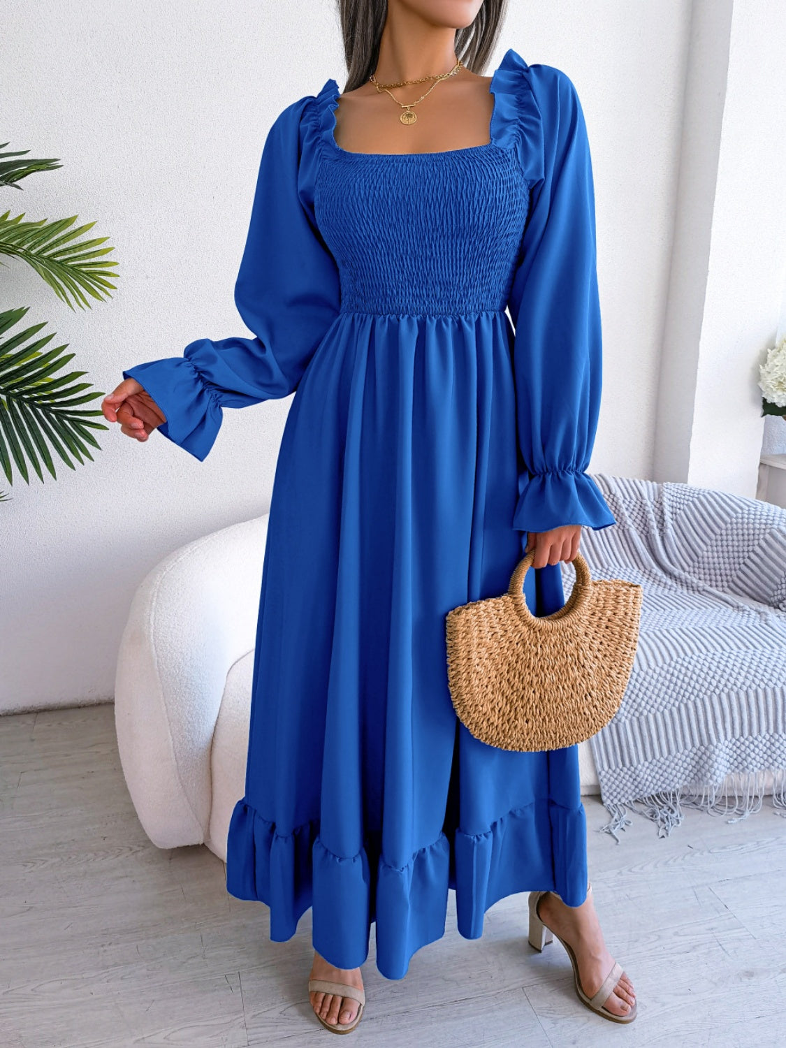 Smocked Square Neck Flounce Sleeve Dress - Siennasass