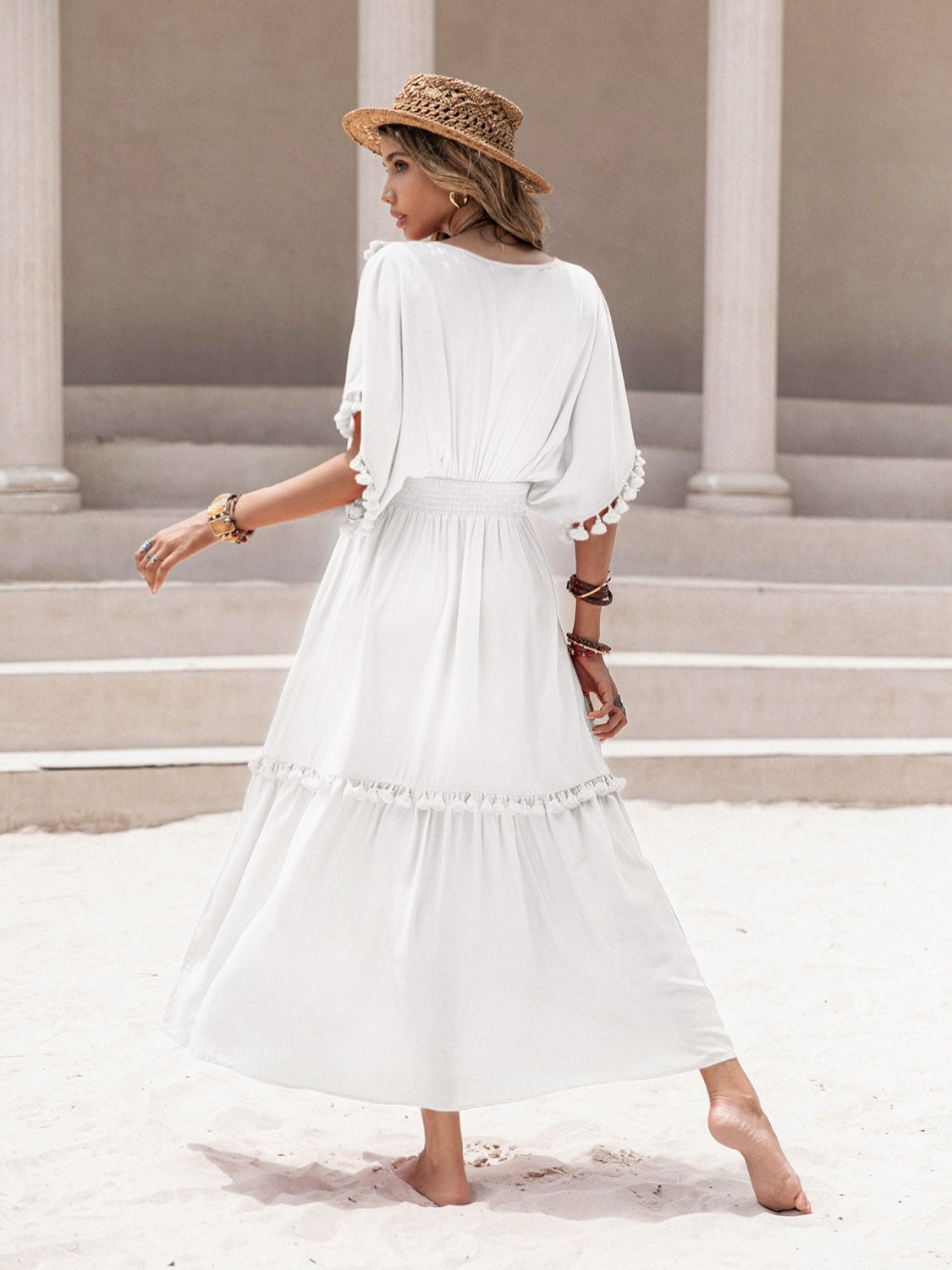 Tassel Trim Smocked V-Neck Short Sleeve Dress - Siennasass