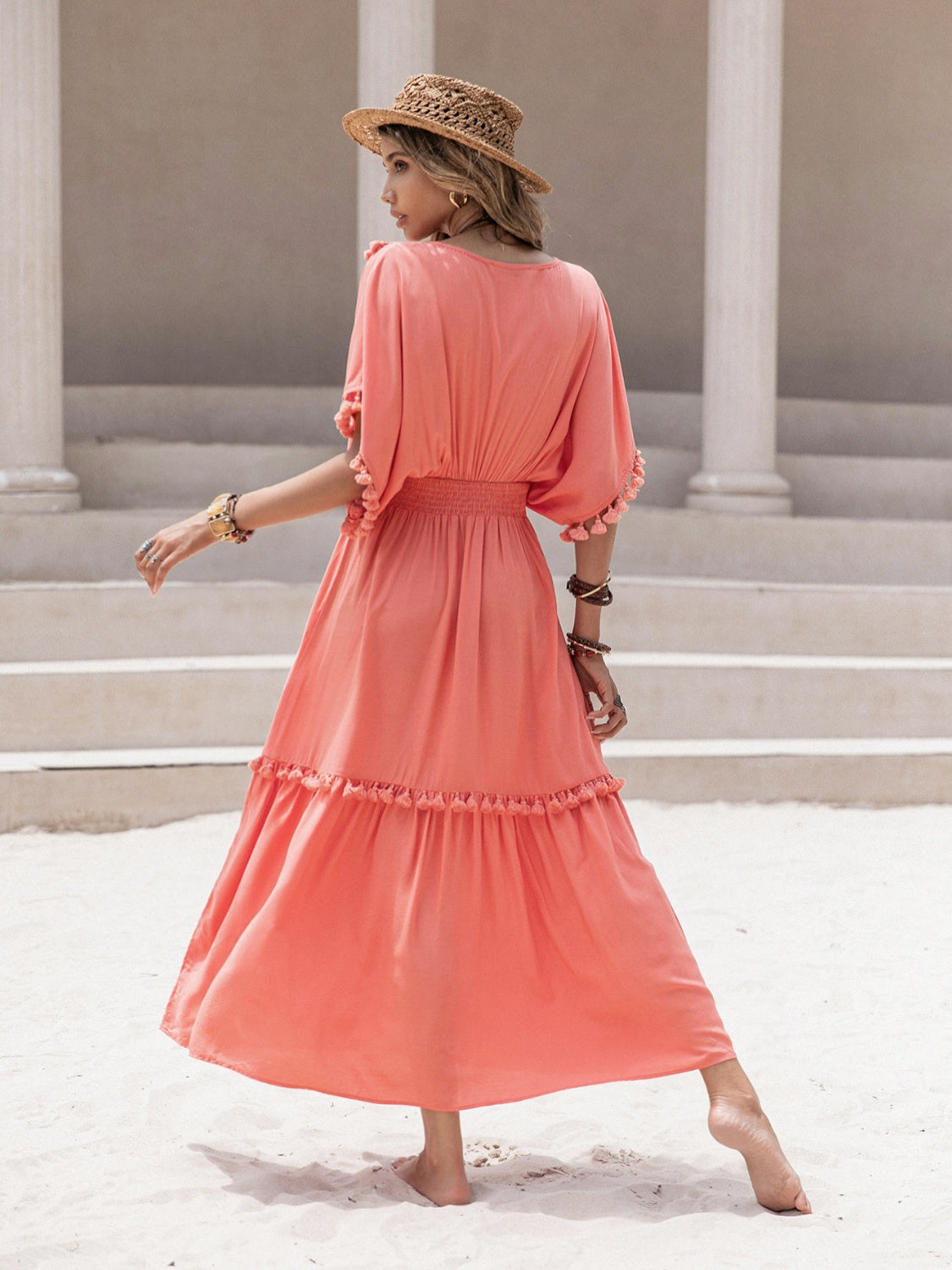Tassel Trim Smocked V-Neck Short Sleeve Dress - Siennasass