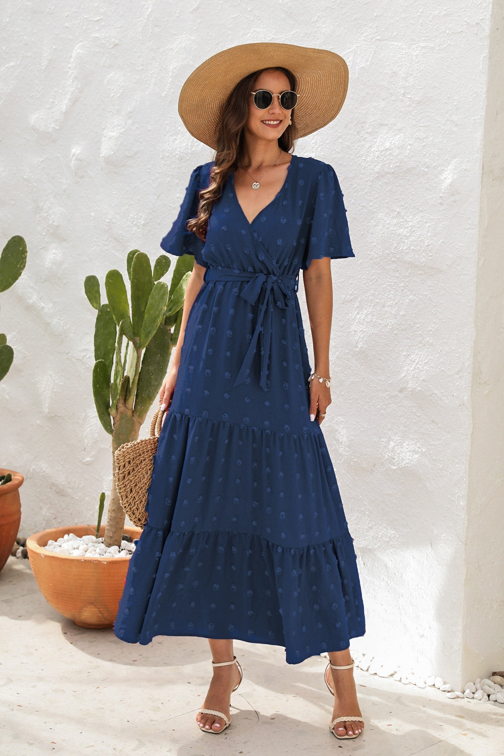 Swiss Dot Tied Surplice Short Sleeve Dress - Siennasass