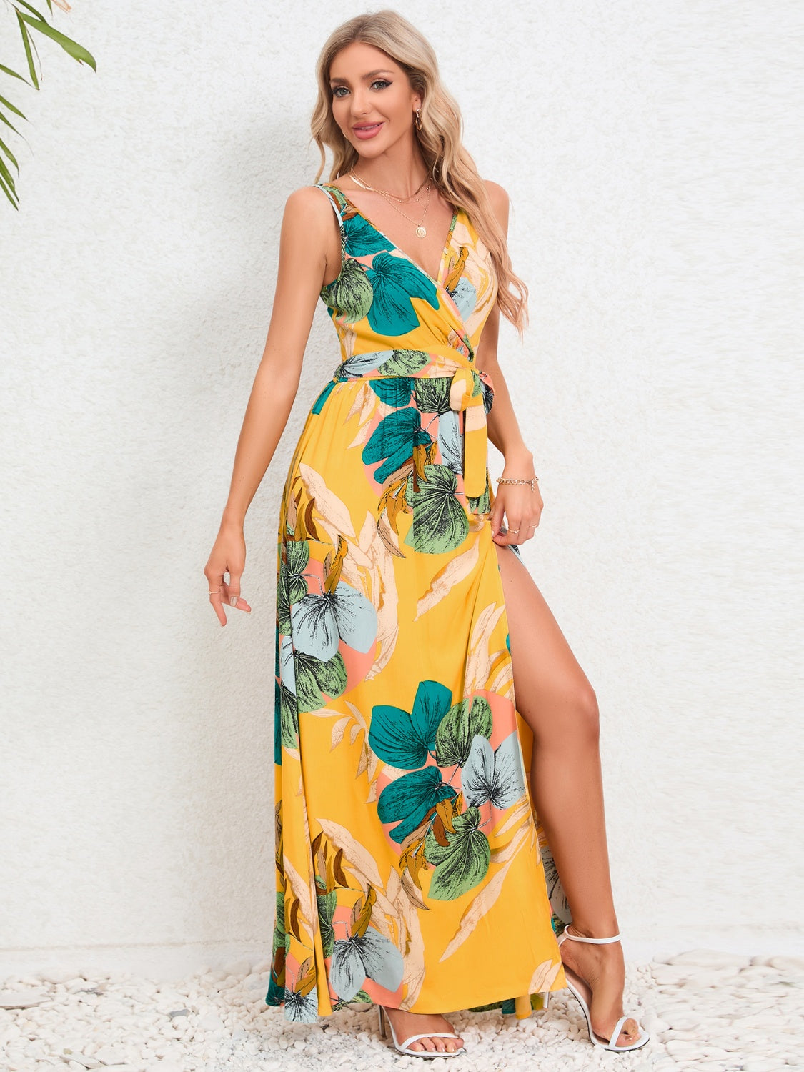 Slit Tied Printed Surplice Dress - Siennasass