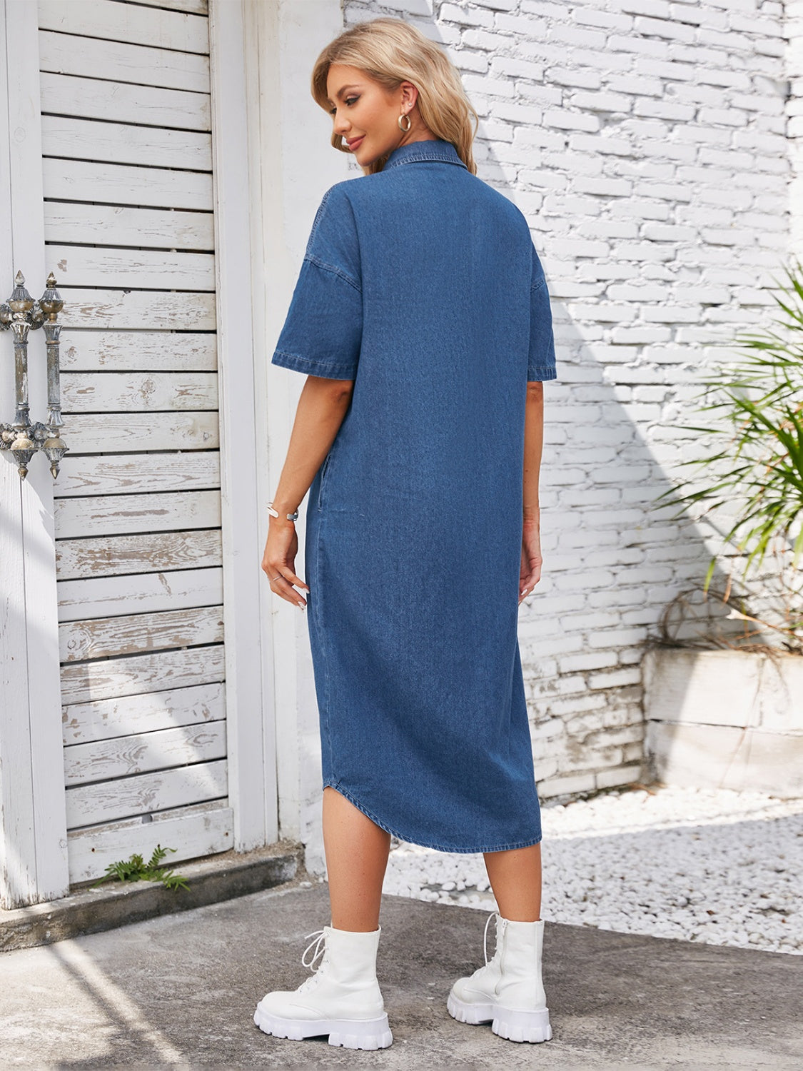 Button Up Dropped Shoulder Denim Dress - Siennasass