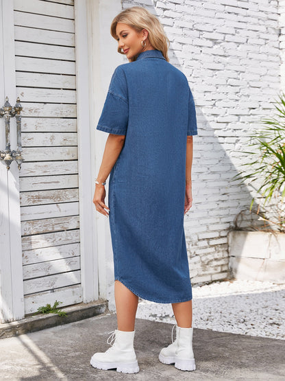 Button Up Dropped Shoulder Denim Dress - Siennasass