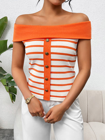 Decorative Button Striped Off-Shoulder Knit Top - Siennasass