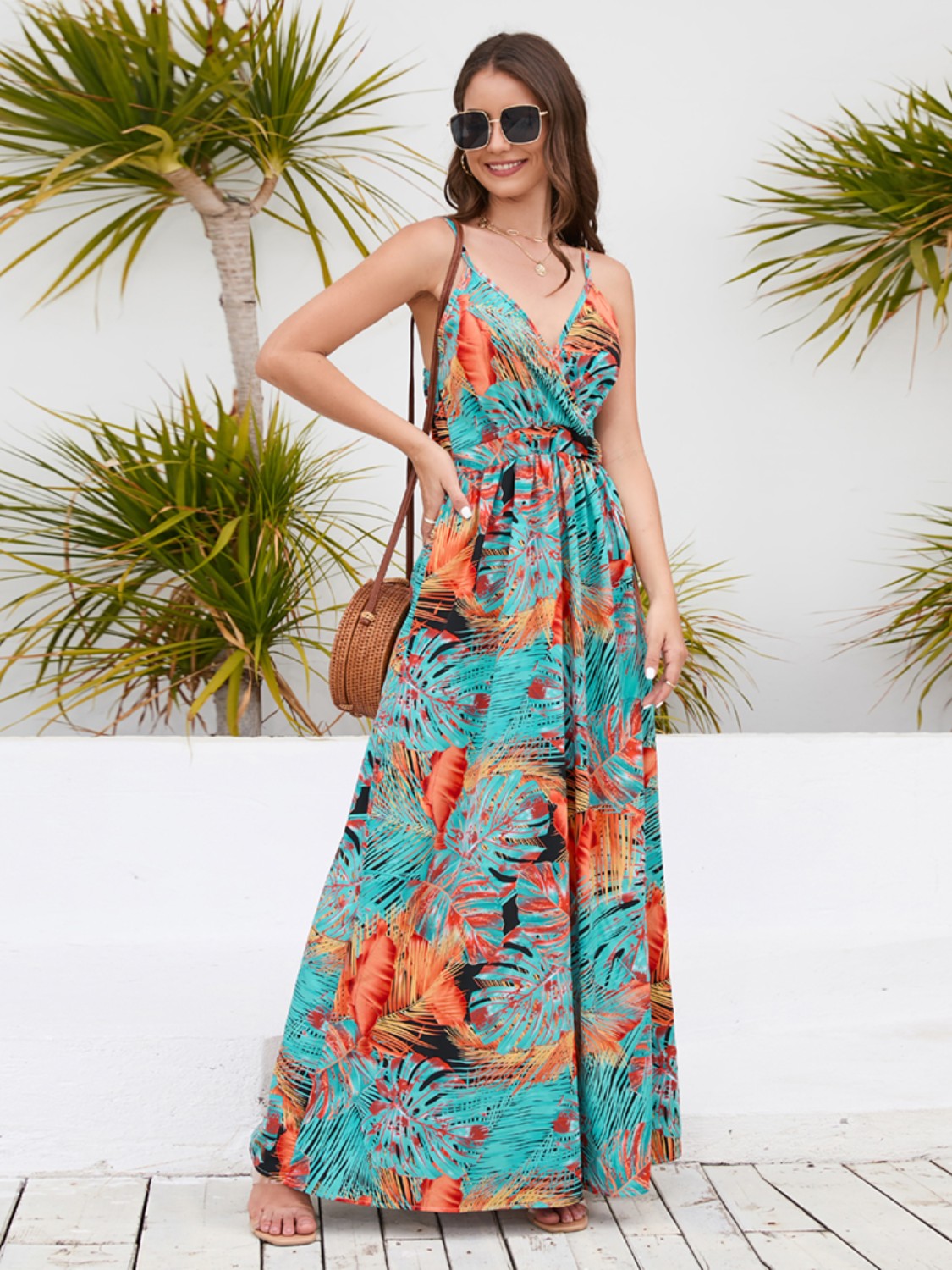 Printed Surplice Spaghetti Strap Dress - Siennasass