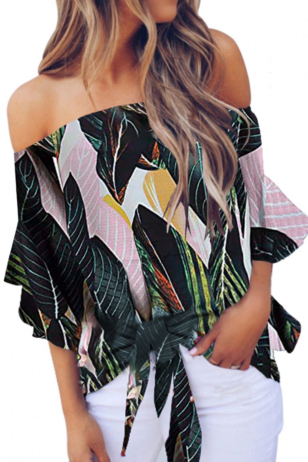 Tied Printed Off-Shoulder Half Sleeve Blouse - Siennasass