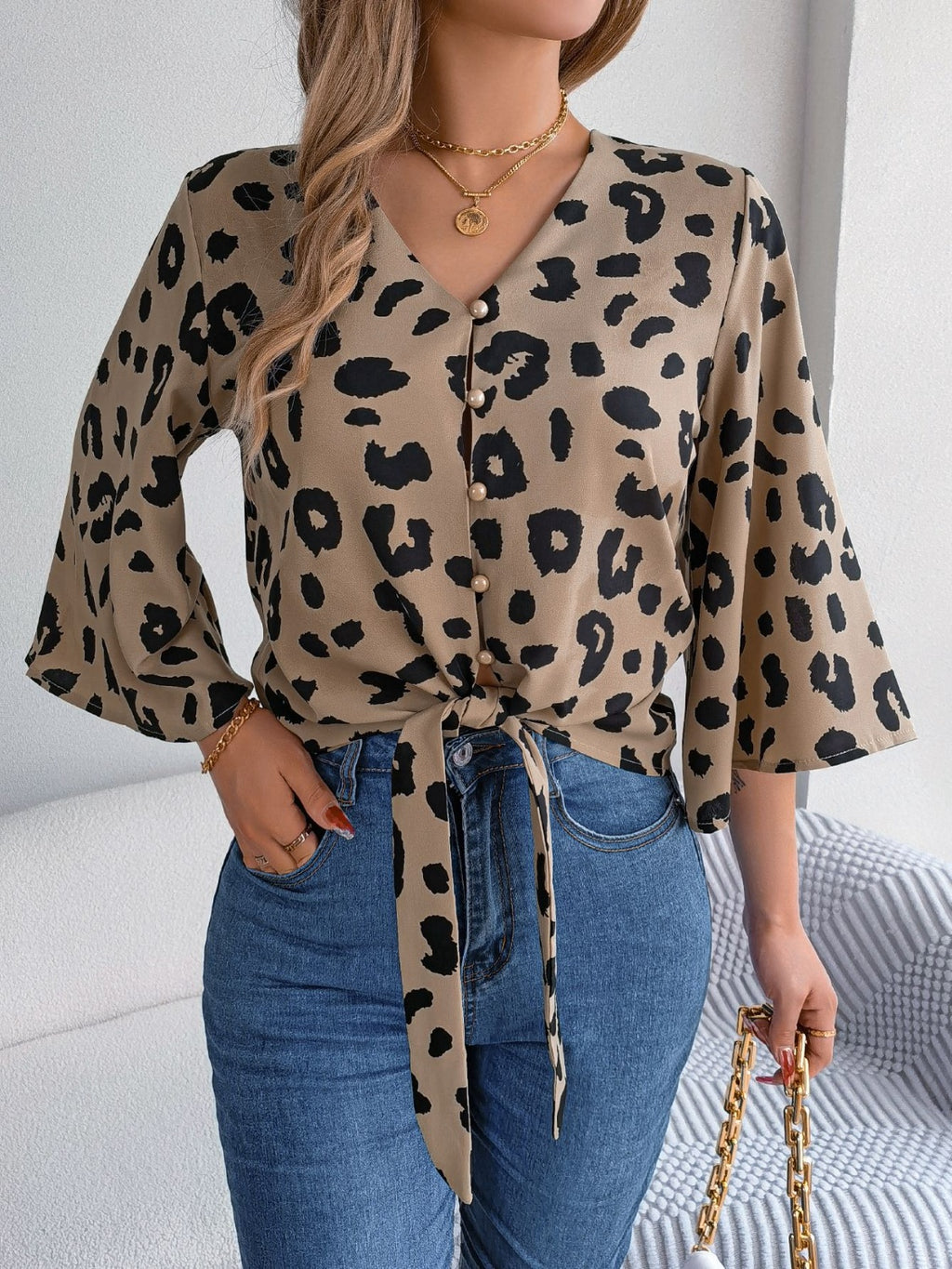 Tied Button Up Leopard V-Neck Blouse - Siennasass