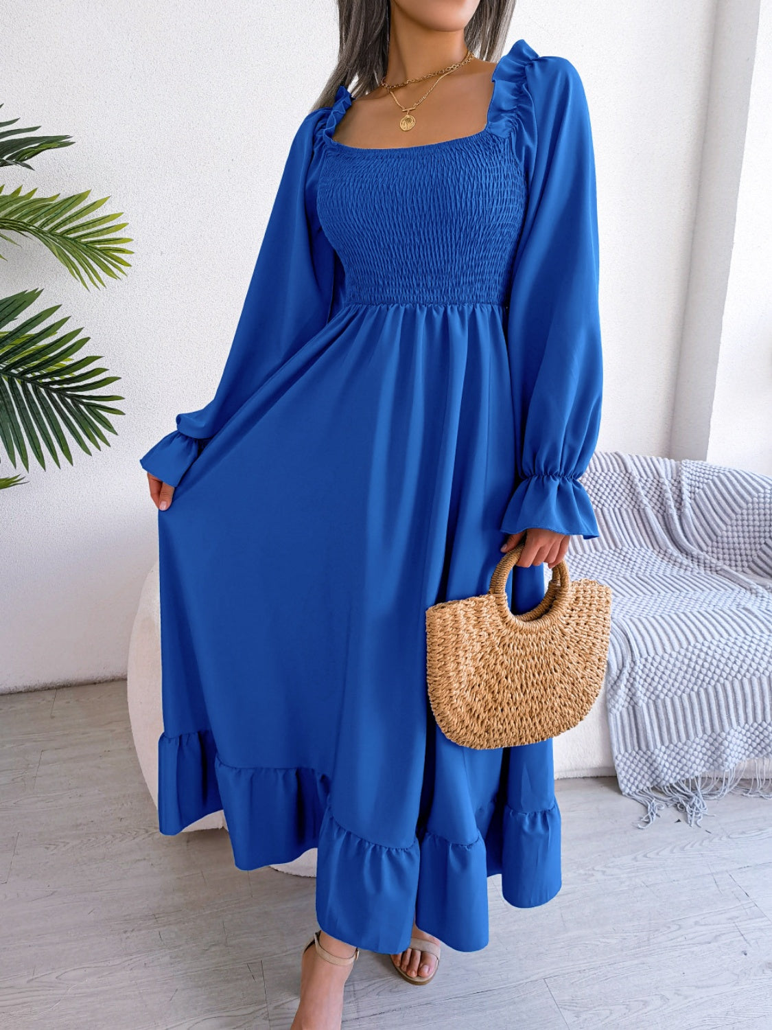 Smocked Square Neck Flounce Sleeve Dress - Siennasass