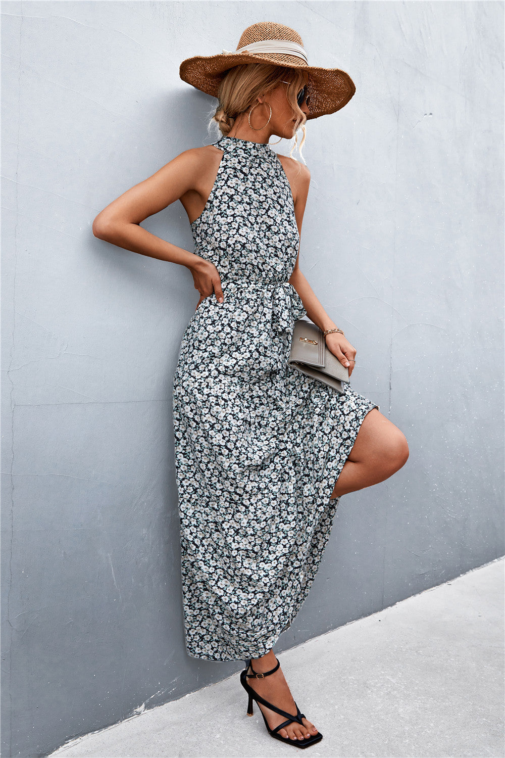 Printed Sleeveless Tie Waist Maxi Dress - Siennasass