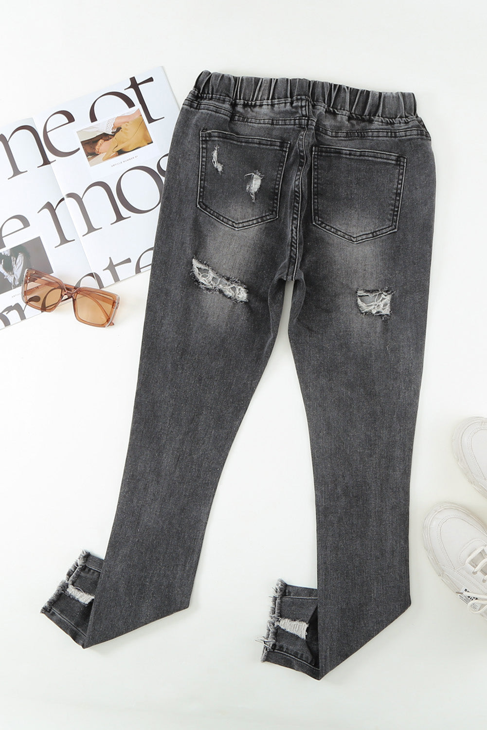 Drawstring Distressed Raw Hem Jeans with Pockets - Siennasass