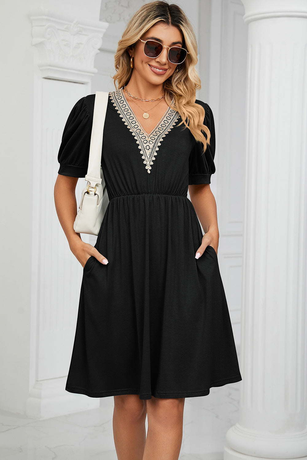 V-Neck Puff Sleeve Dress - Siennasass