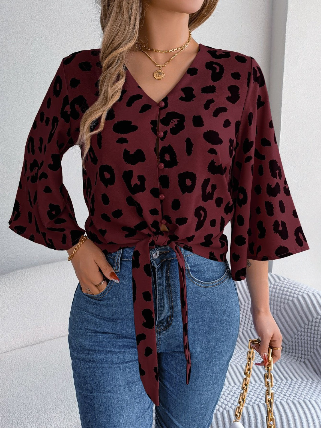 Tied Button Up Leopard V-Neck Blouse - Siennasass