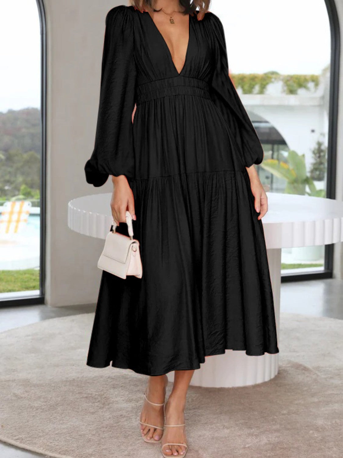 Deep V-Neck Balloon Sleeve Plain Maxi Dress - Siennasass