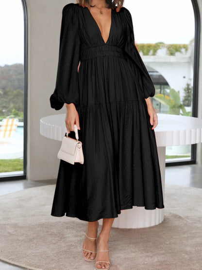 Deep V-Neck Balloon Sleeve Plain Maxi Dress - Siennasass