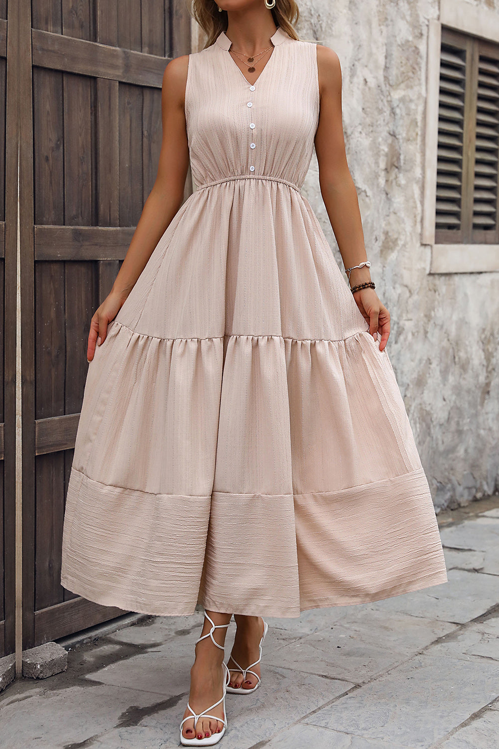 Decorative Button Notched Tiered Dress - Siennasass